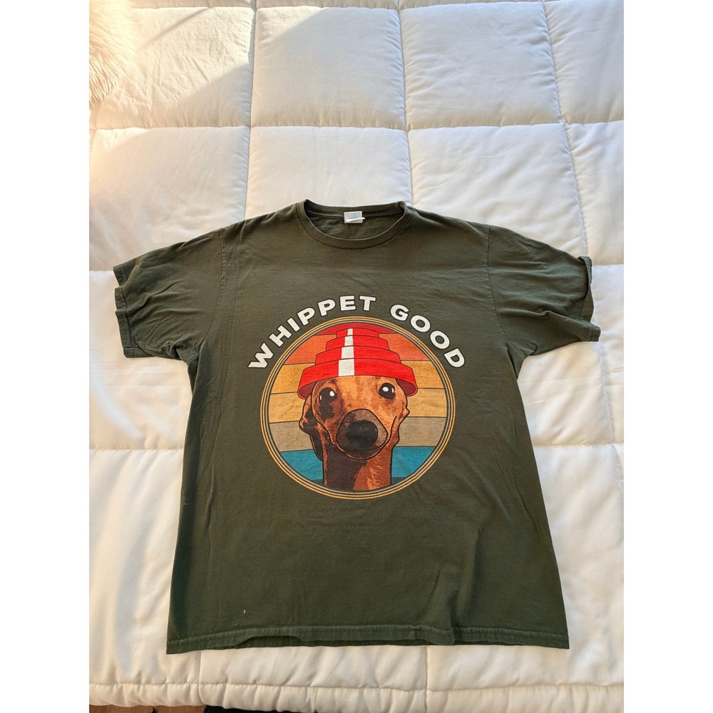 Port & Company Whippet Good Graphic Tee Olive Green Mens Large Devo Parody Dog
